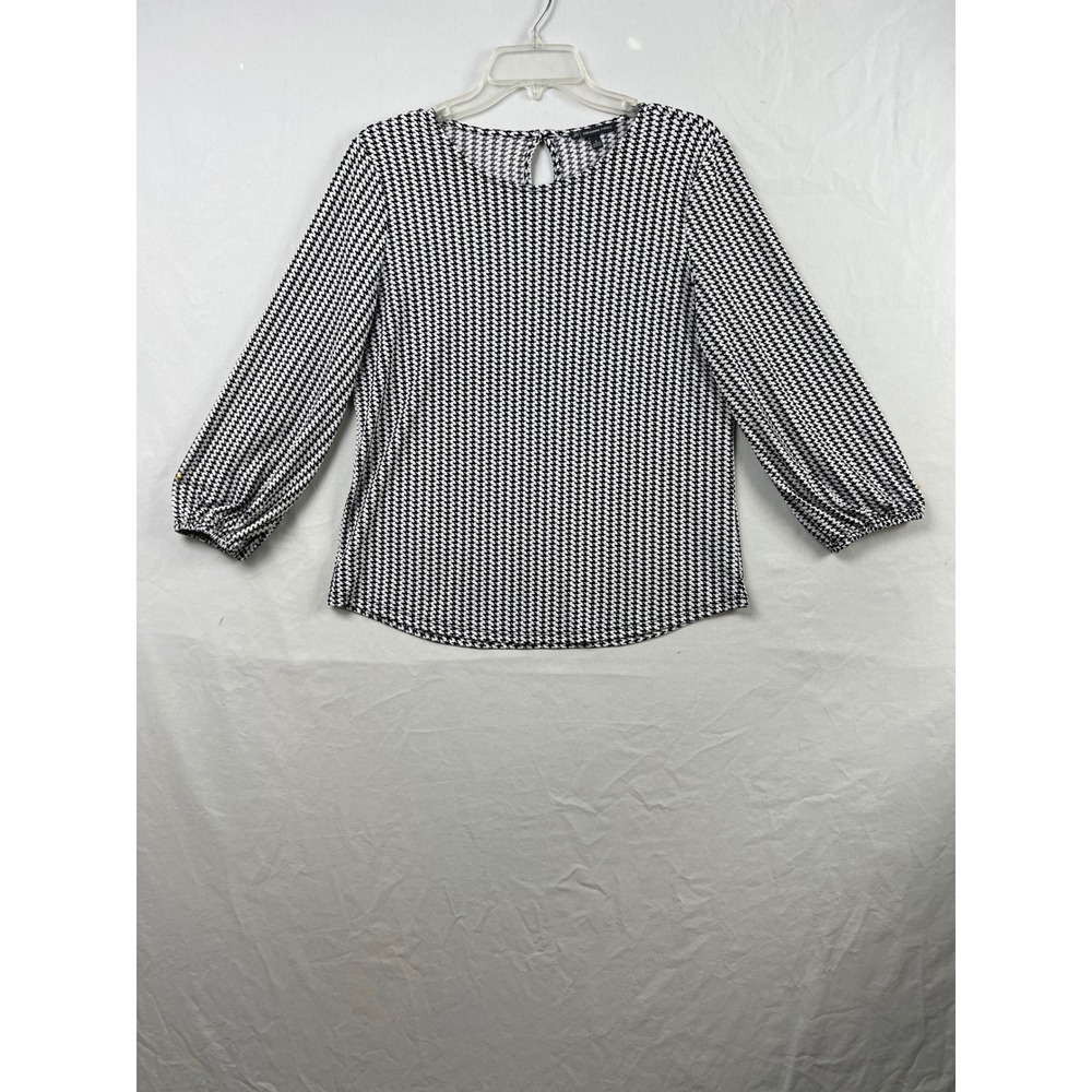 Adrianna Papell Blouse Women S Black White Houndstooth 3/4 Sleeve Keyhole Back